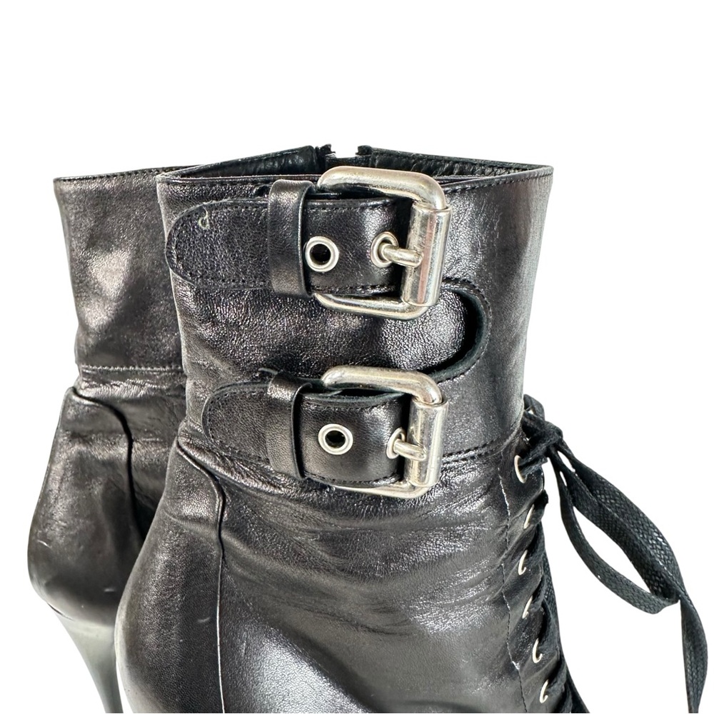 Mimosa Black Leather Stiletto Lace Up Buckle Ankle Boots Euro 37.5 Moto Chic - Picture 11 of 14